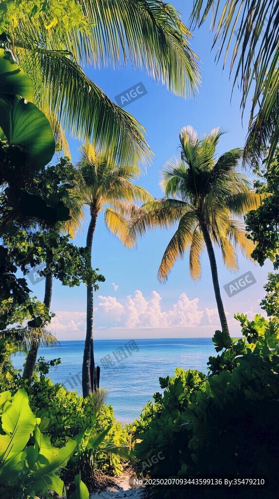 椰林海濱大海樹木