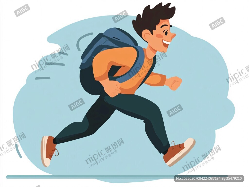 手繪奔跑上學的少年