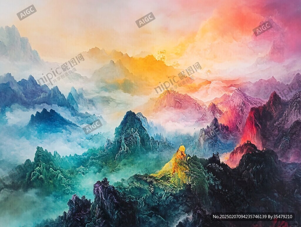 遠山朝霞油畫