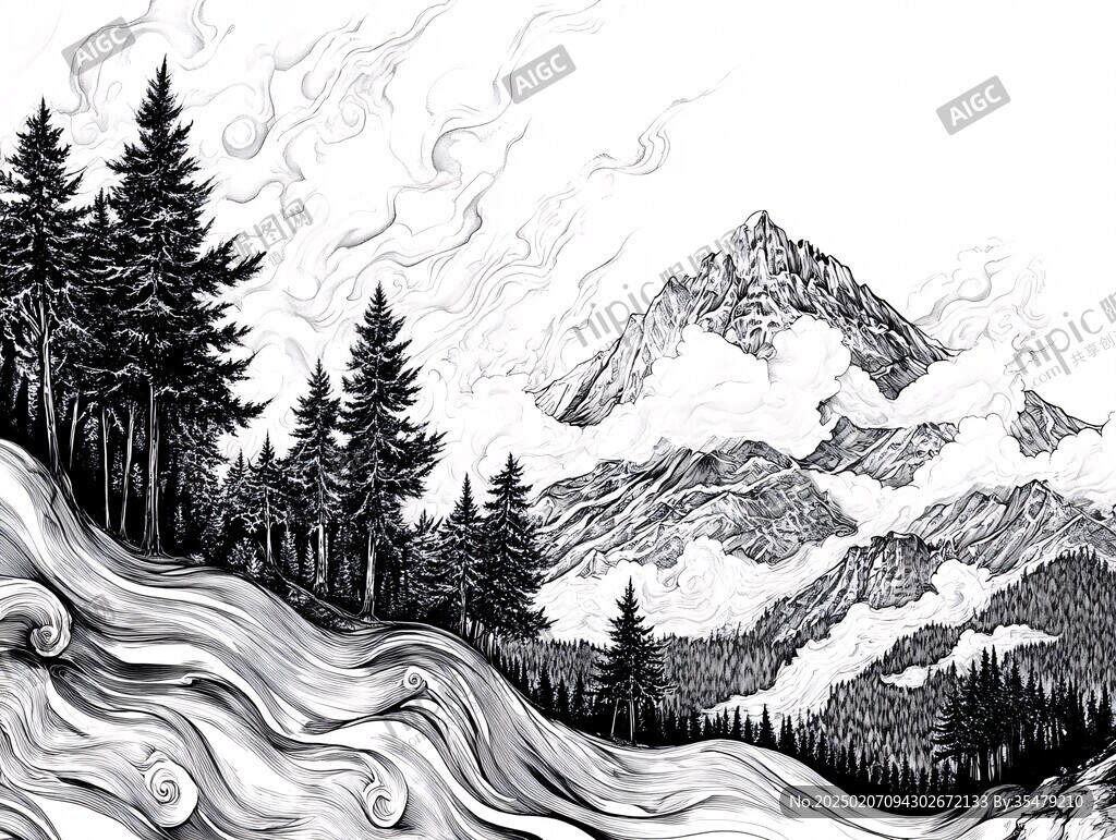 高端山水線包裝插畫