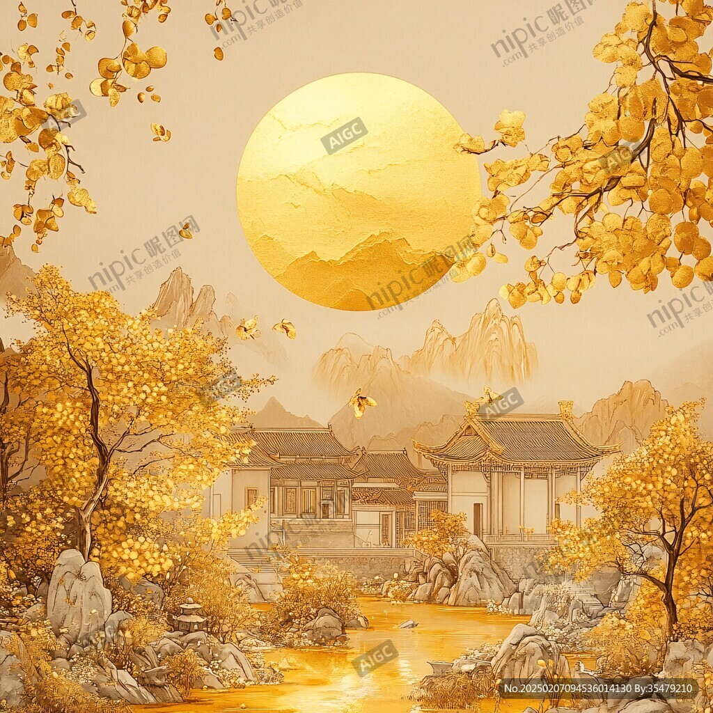 銀杏古典山水背景壁畫