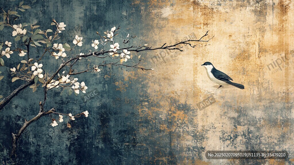 藍(lán)調(diào)花鳥(niǎo)樹(shù)枝背景