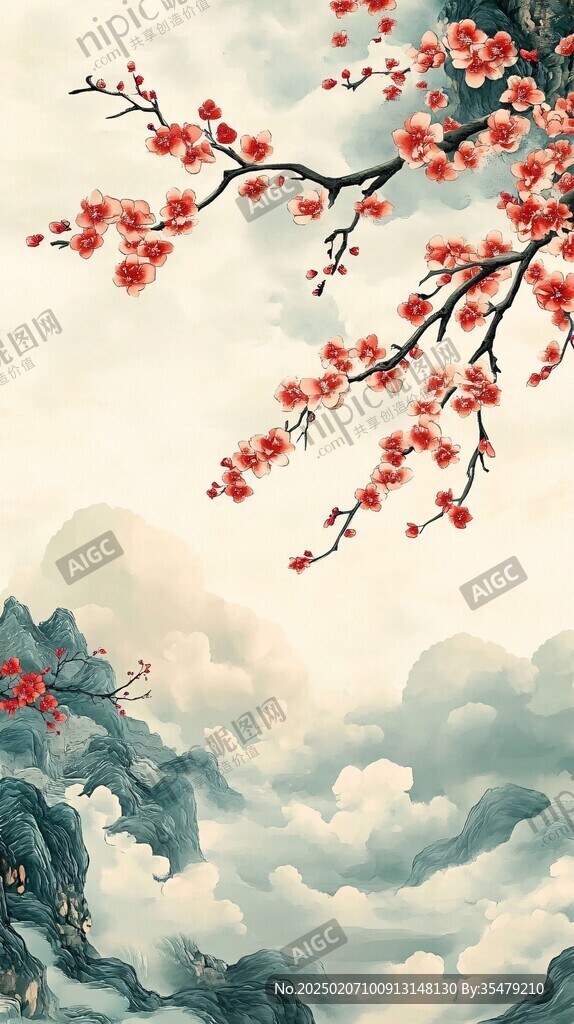 工筆紅梅山水畫(huà)