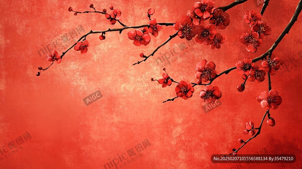 工筆手繪紅墻梅花