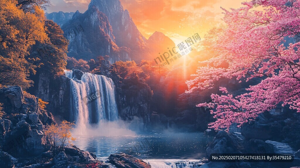 招財瀑布山水畫