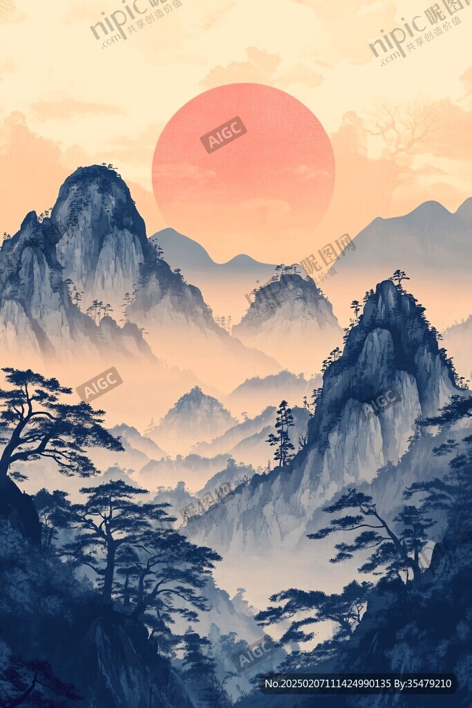 紅日水墨山水