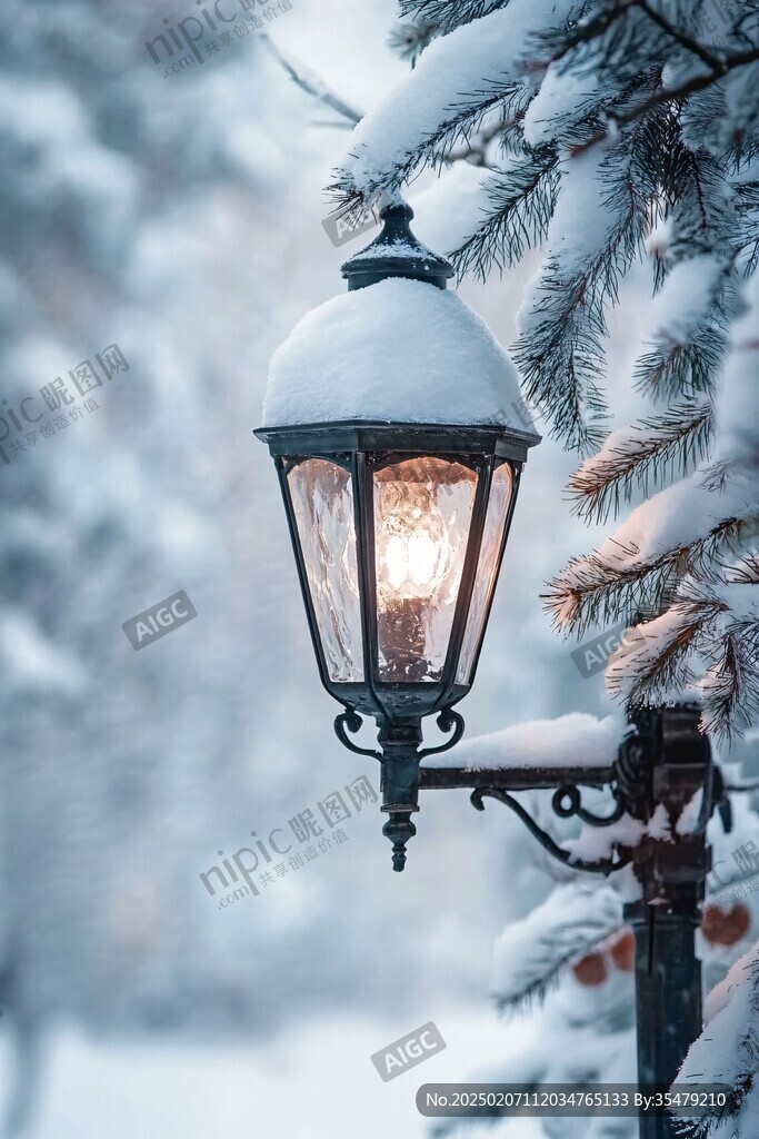 雪中幽暗的街燈
