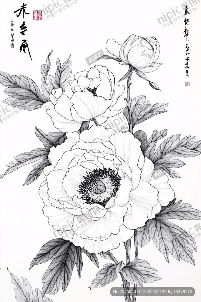 白描牡丹
