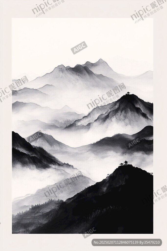 正方形水墨畫遠(yuǎn)山煙霧