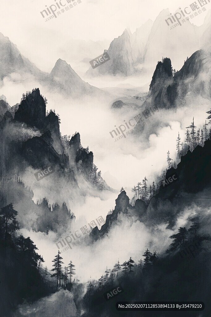 墨韻禪意山峰云霧風景
