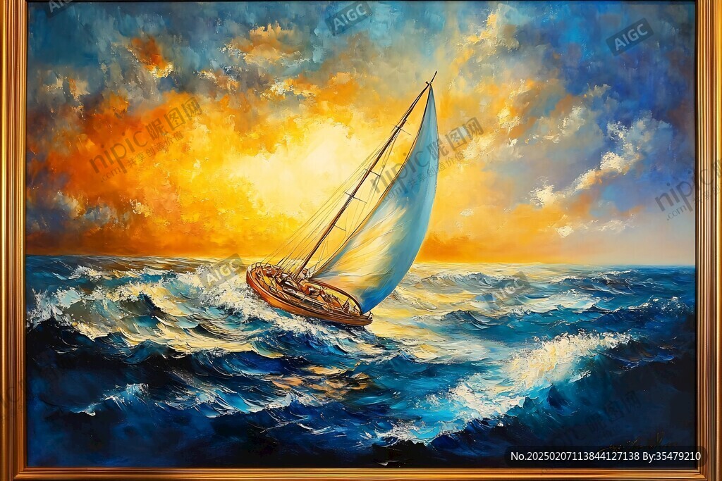 揚帆踏浪油畫