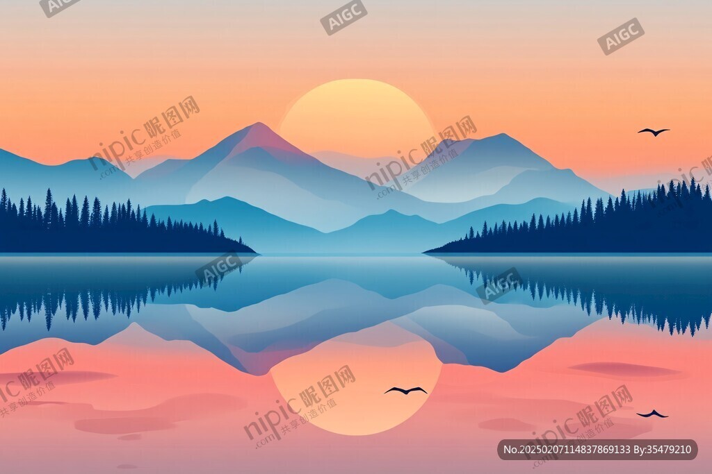插畫山水湖