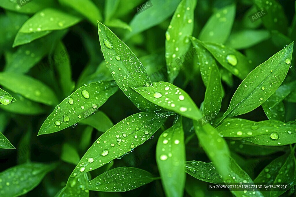 秋雨下的萬年青樹葉