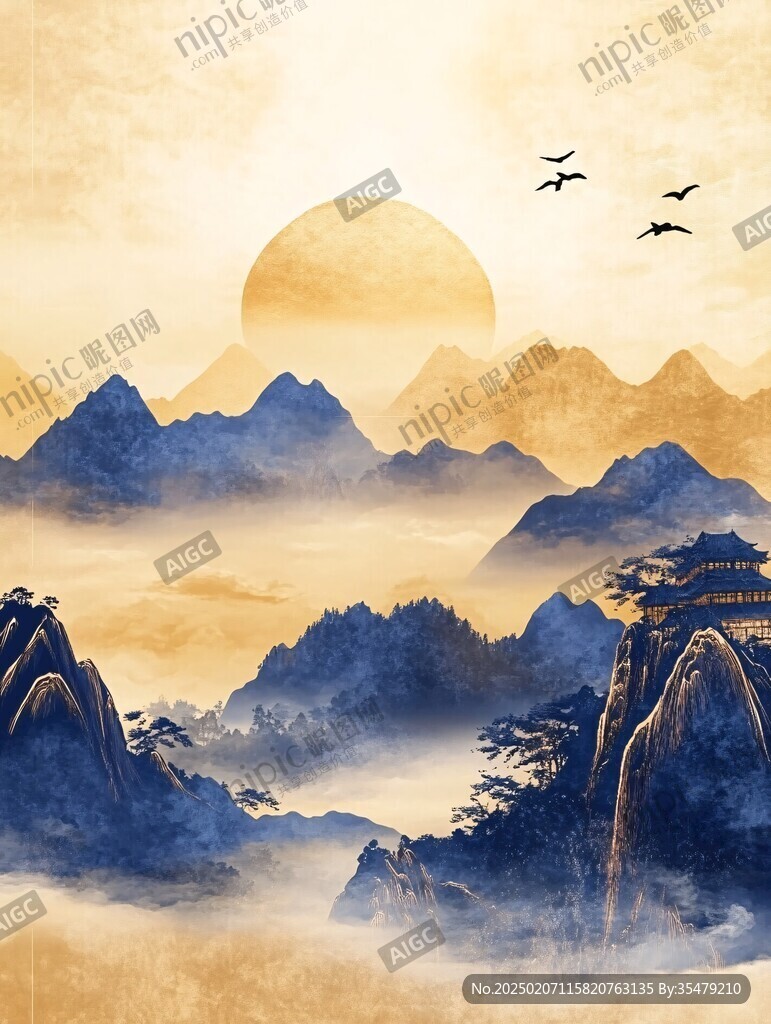 旭日東升水墨山水