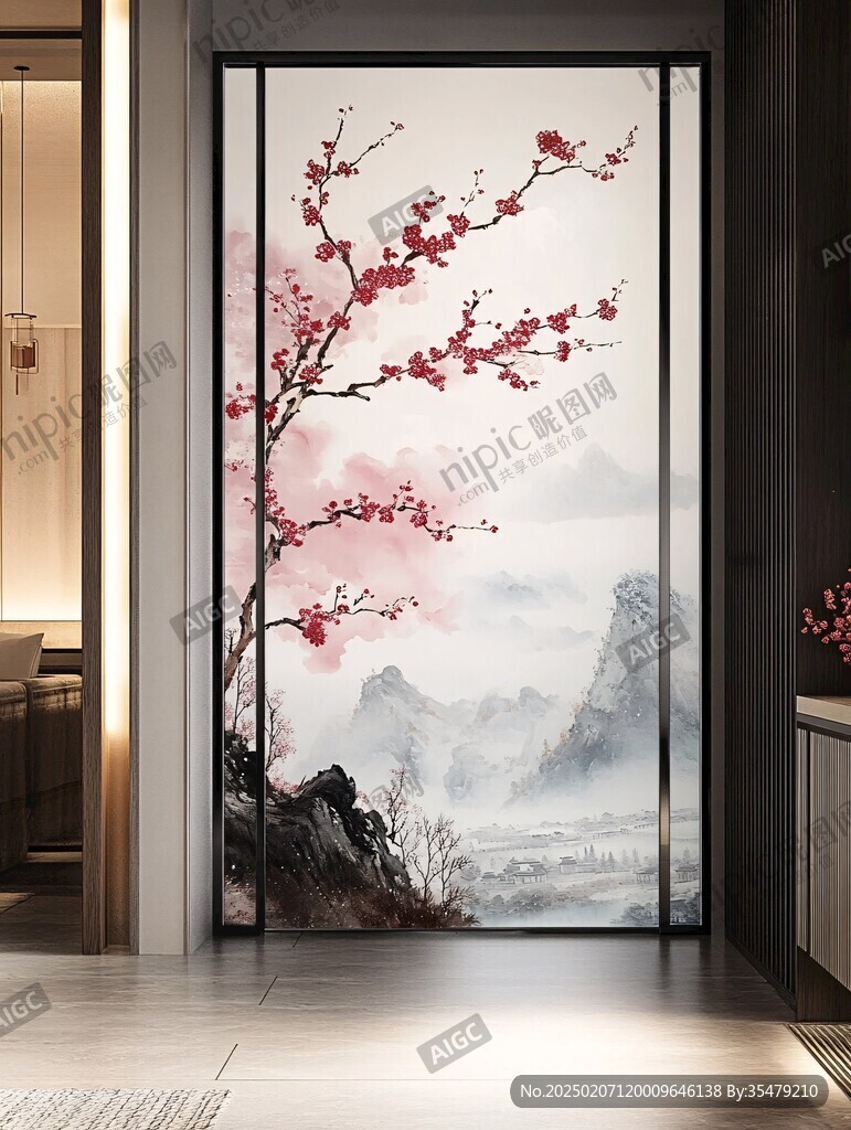 玻璃移門紅梅圖