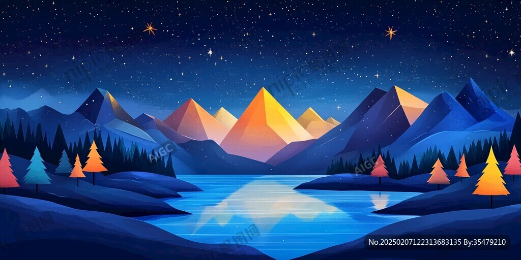插畫夜景湖泊