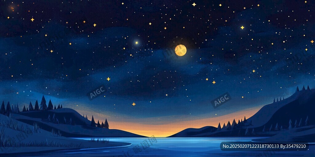 插畫夜景湖泊