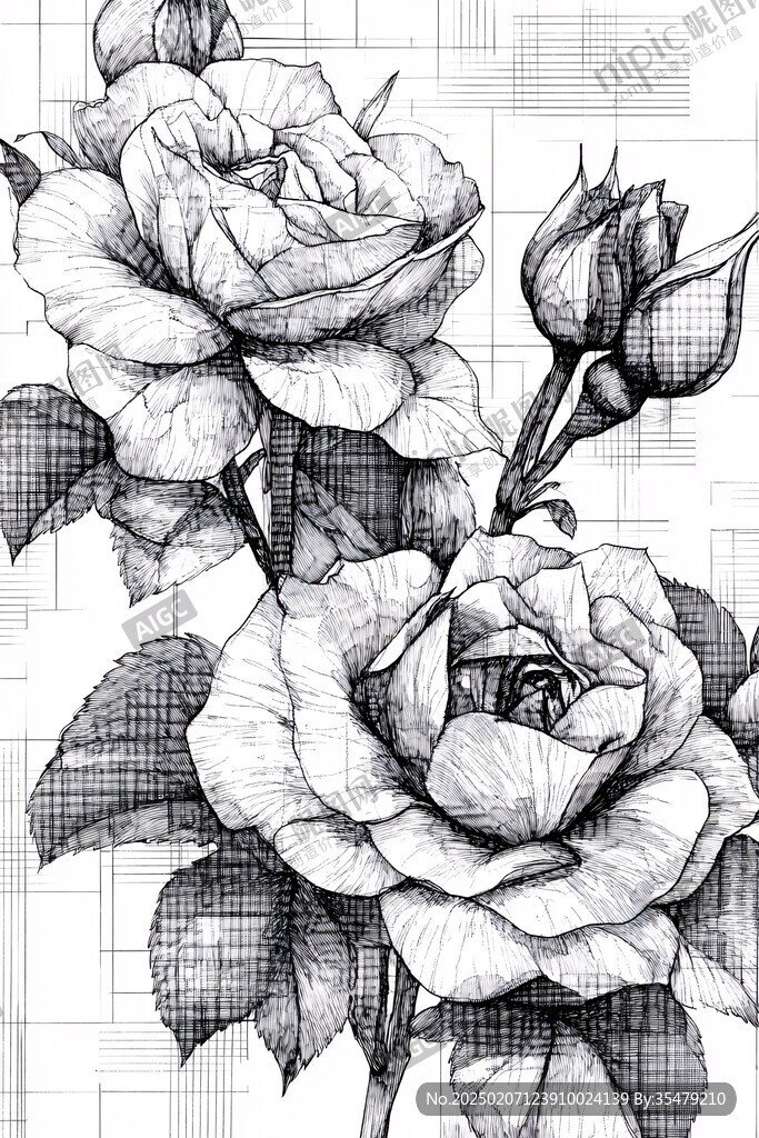 玫瑰花黑白線描畫