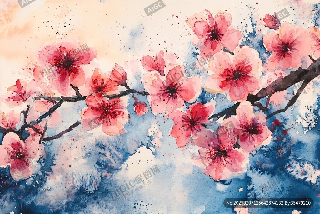 水墨水彩桃花無框畫