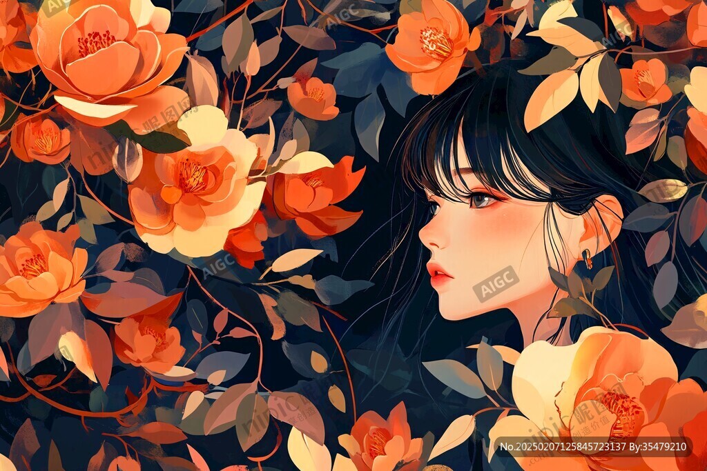 山茶花女孩插畫