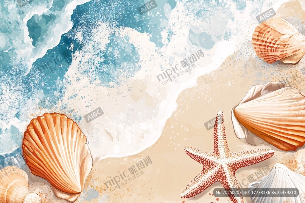 夏季唯美海灘插畫