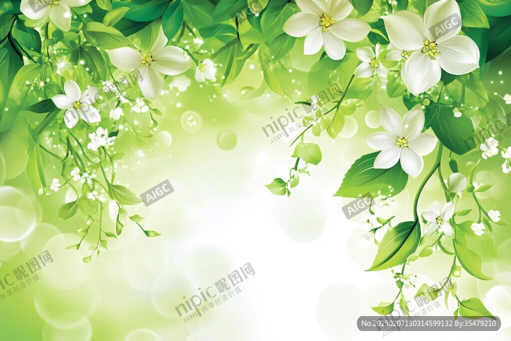 綠葉白花壁紙