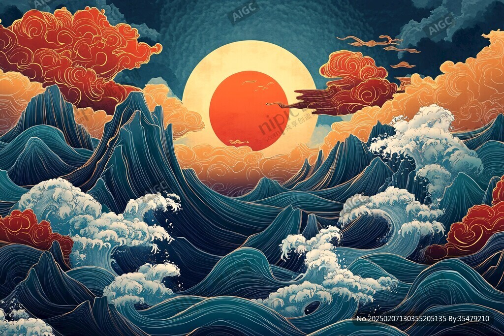 古風海浪包裝插畫