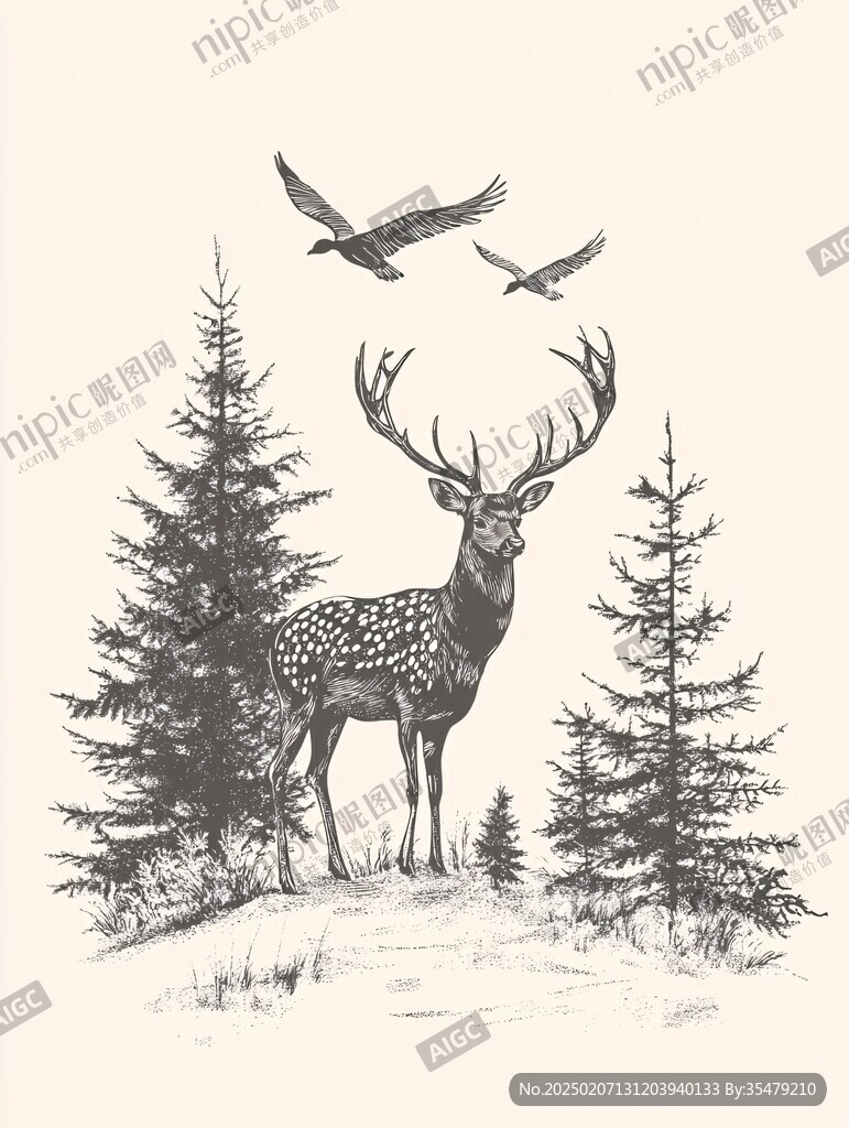 手繪鹿鳥插畫