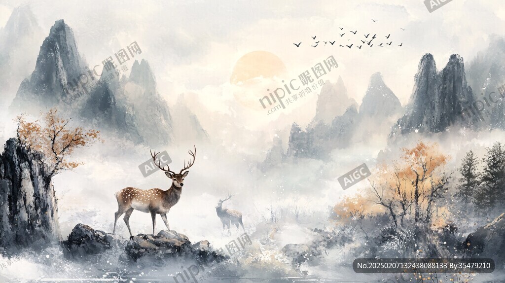 麋鹿禪意山水