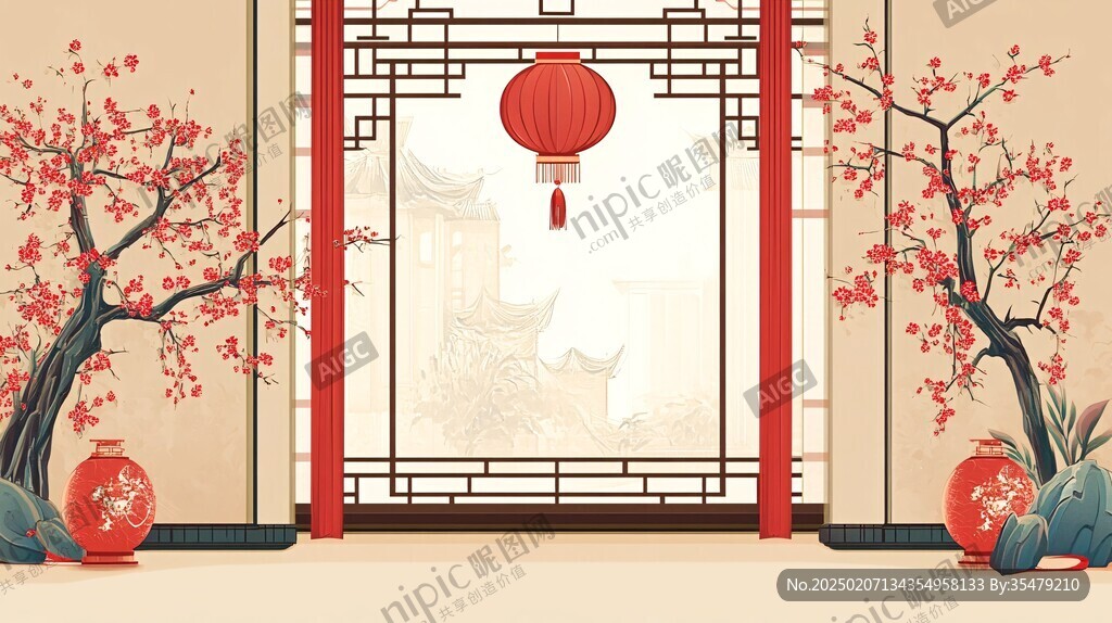中式窗景插畫