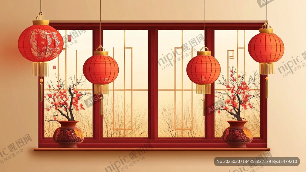 中式窗景插畫