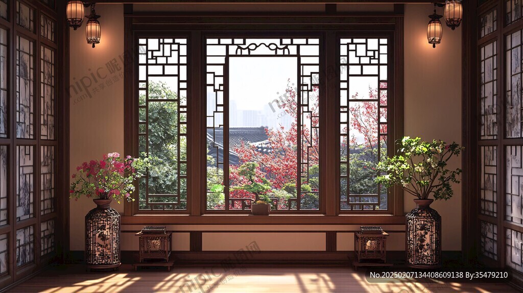 中式窗景插畫