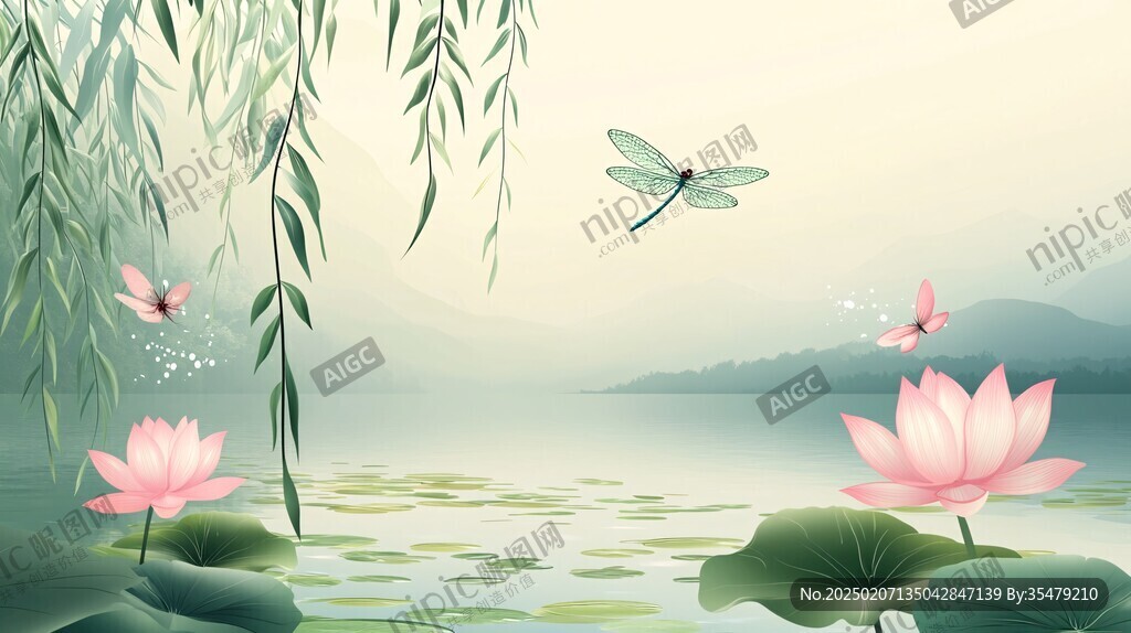 蜻蜓荷花插畫