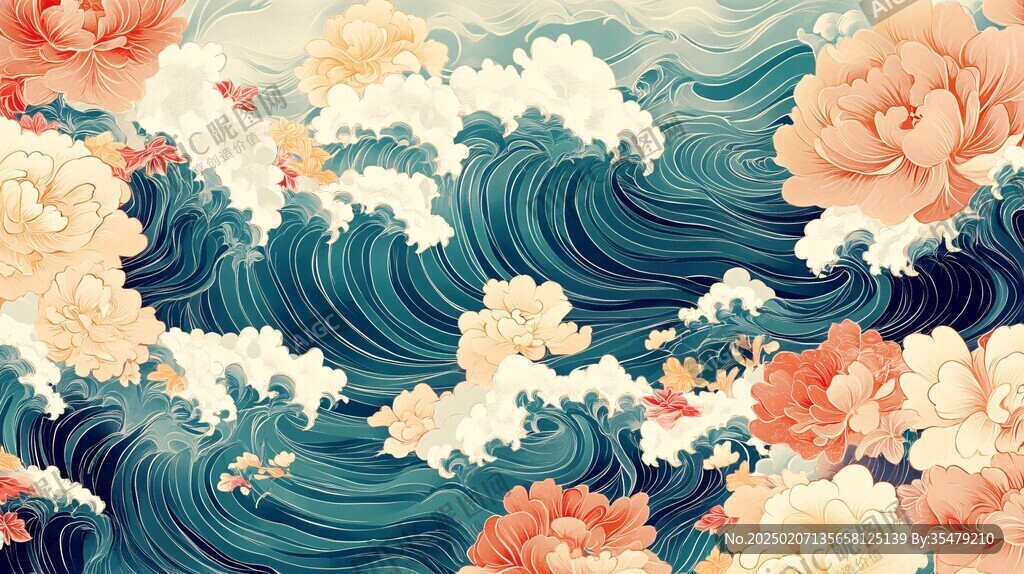 浪花紋理工筆重彩風格