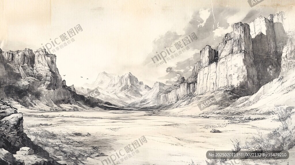 水彩畫山峰高山遠(yuǎn)山