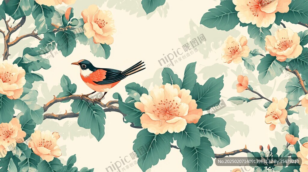新中式牡丹花鳥圖