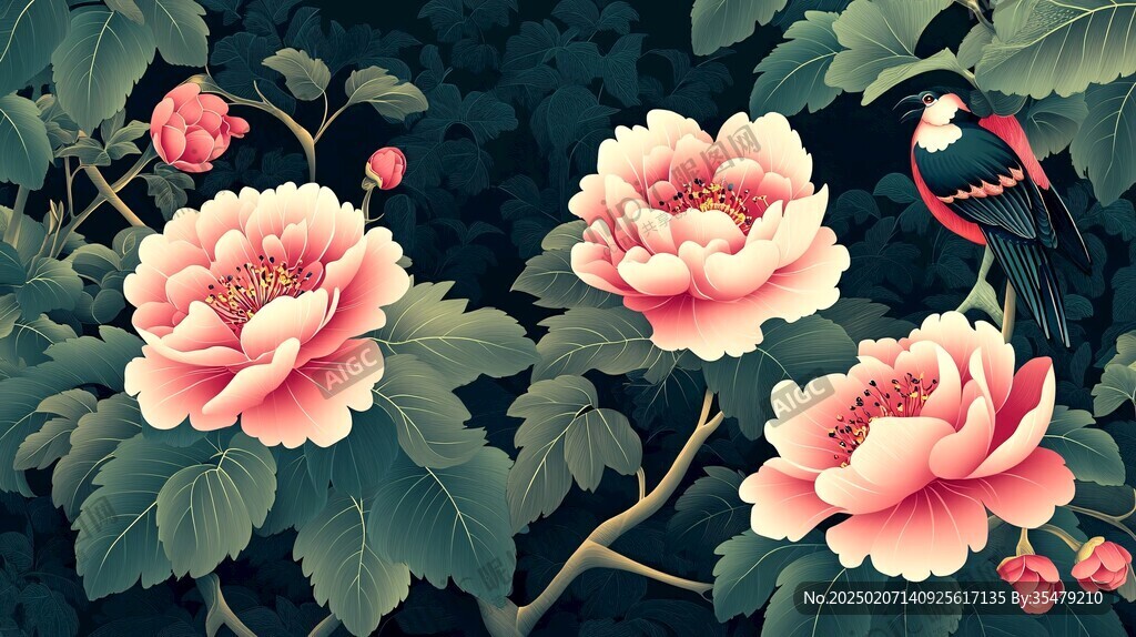 牡丹喜鵲圖插畫