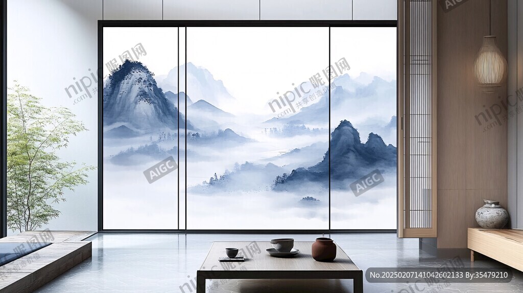 中式山川意境墻紙窗簾