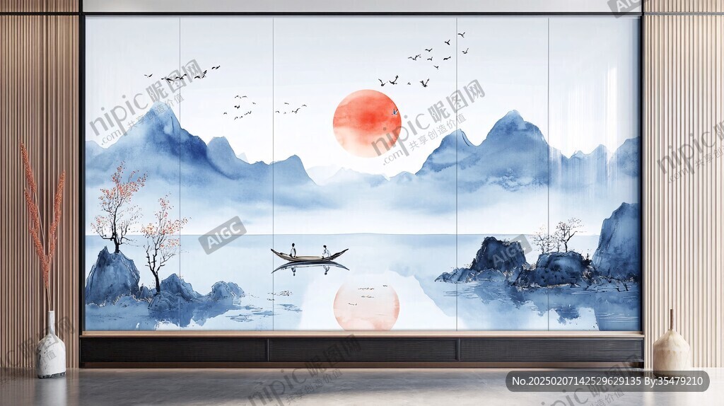 新中式瑞鶴圖山水屏風