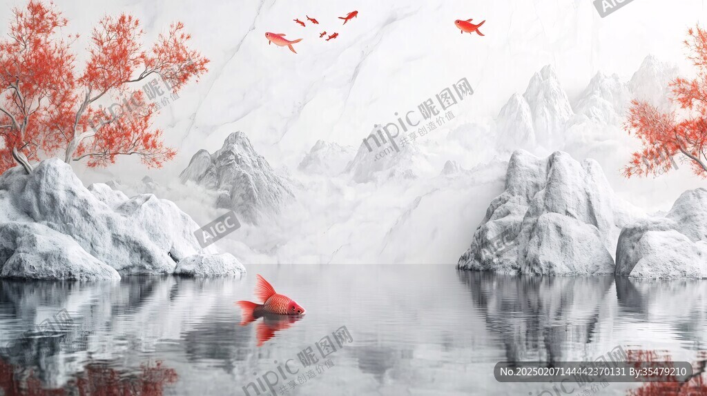 質感紅色山水背景墻