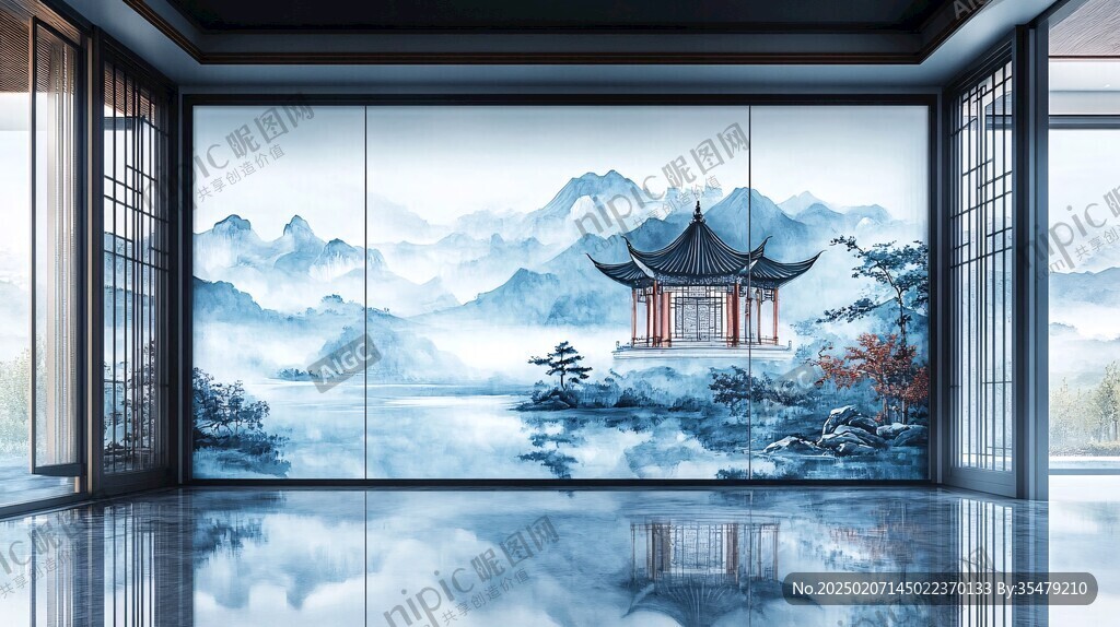 新中式樓閣山水