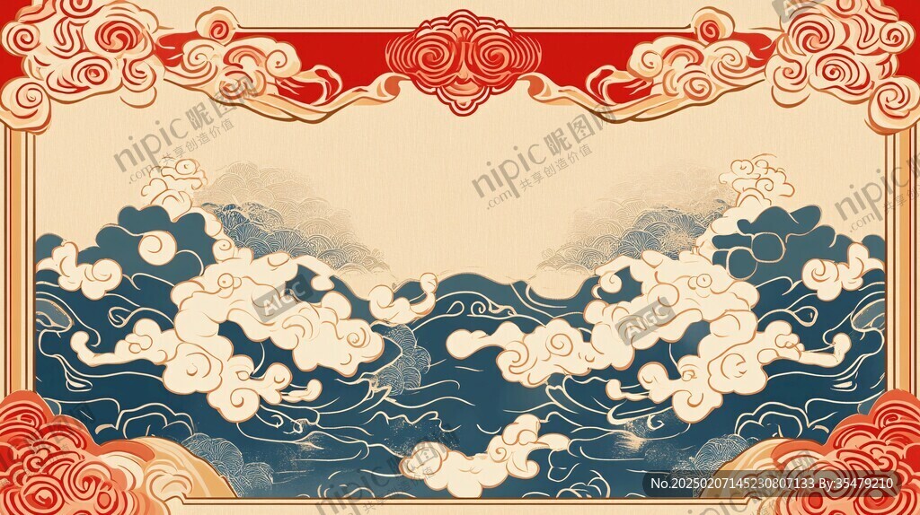 海浪仙鶴云紋中式背景