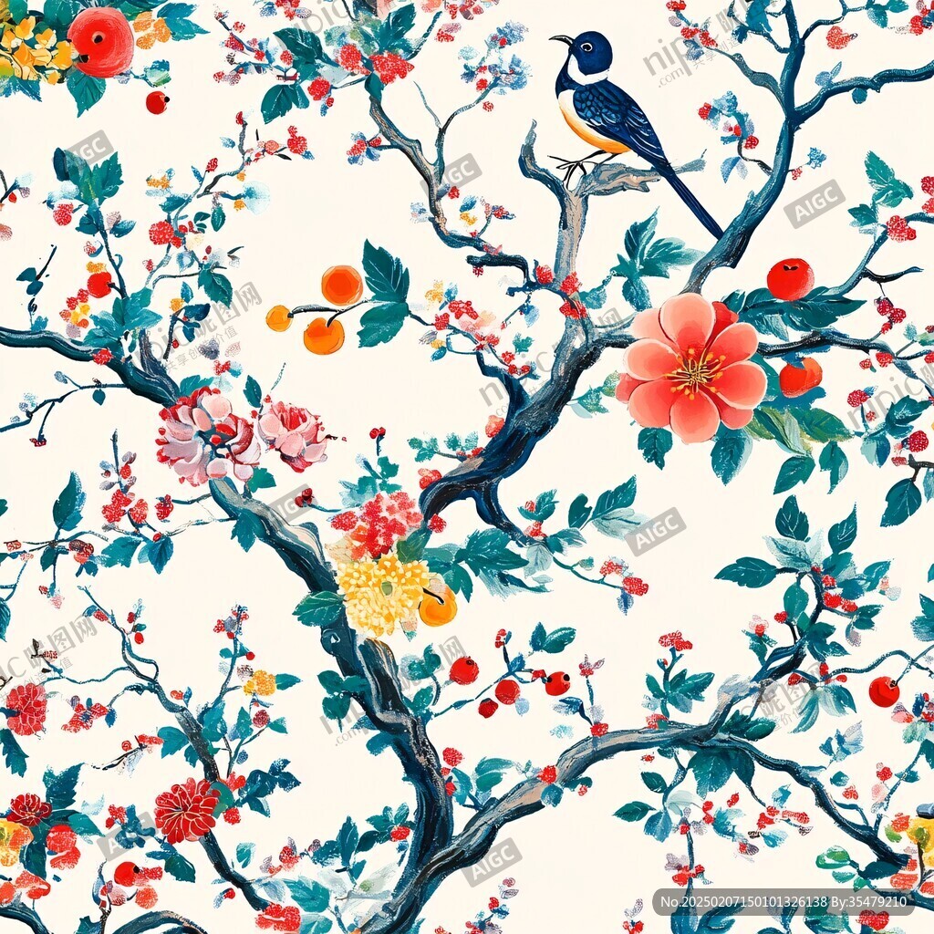 中式無縫花卉花鳥