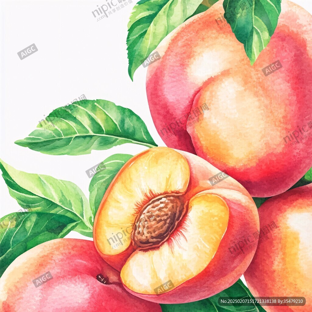 水彩水蜜桃水果插畫