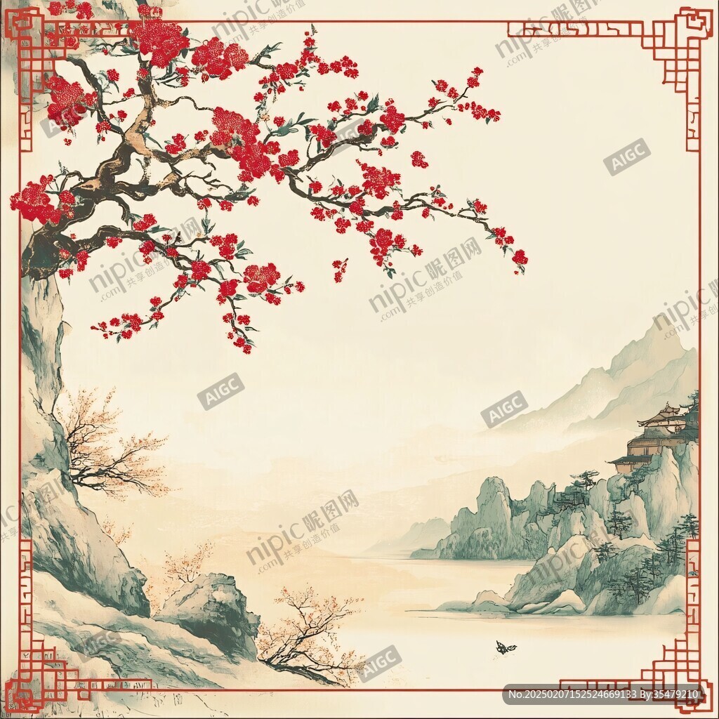 工筆紅梅山水畫