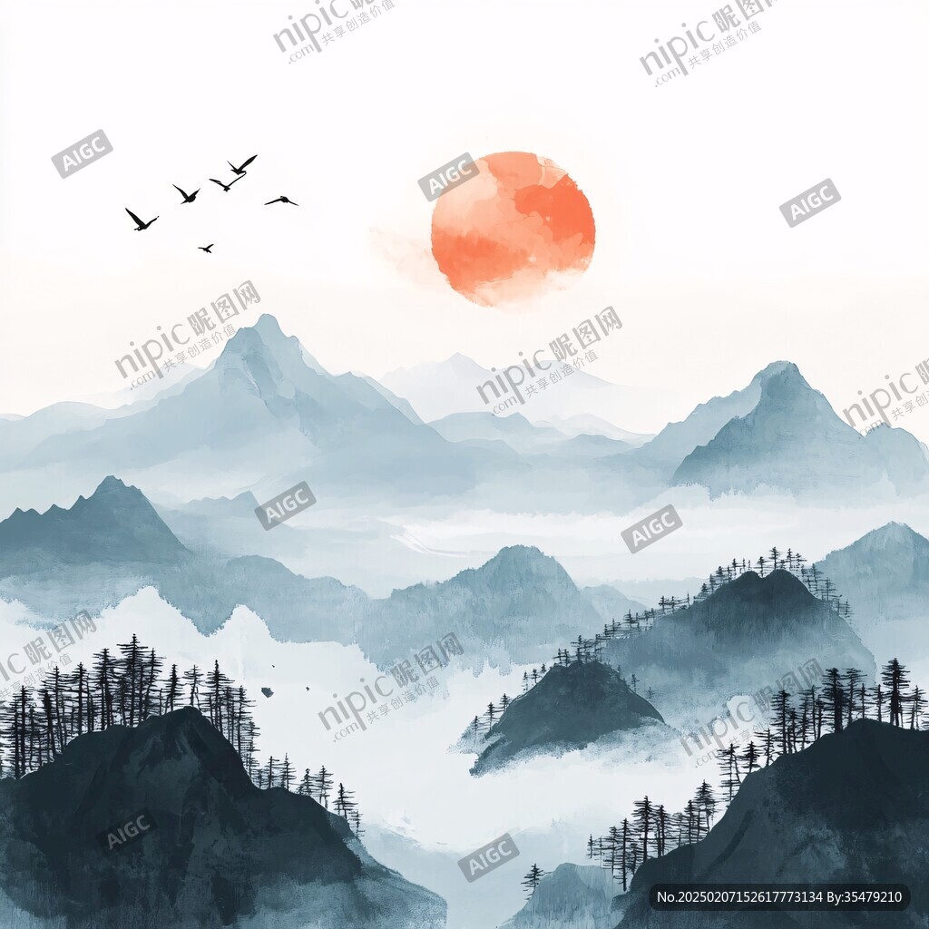 中式山水日出