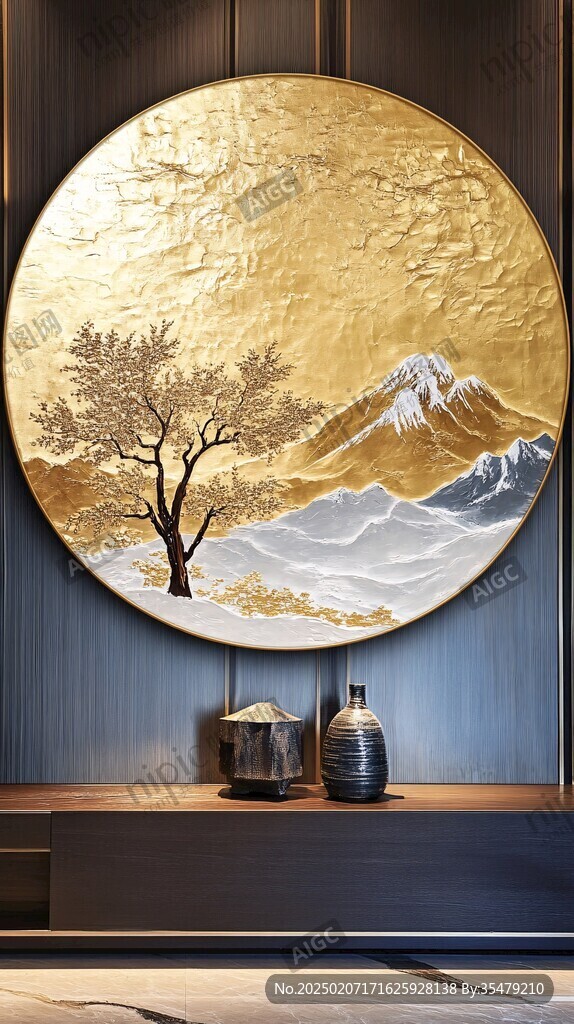 圓山水框畫硬包背景