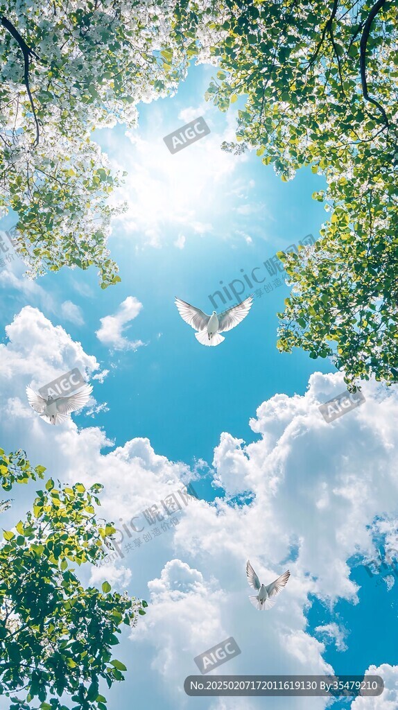 藍天白云飛鳥綠樹