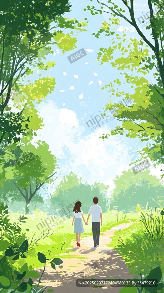 牽手情侶插畫