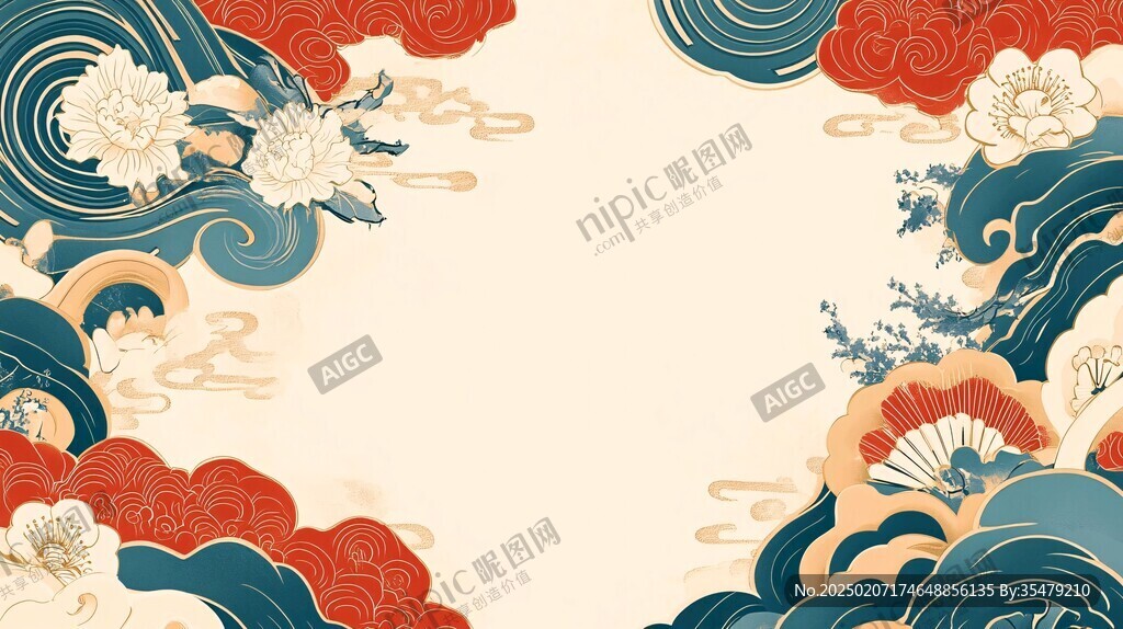 海浪仙鶴云紋中式背景